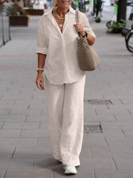 Lapel Long Sleeve Shirt Pants Wide Leg Suit off-white