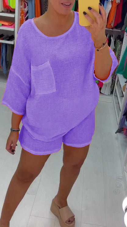 Casual Cotton and Linen Crew Neck Shorts Two-piece Suit purple