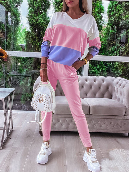 Women's Fashion Color Block Sweatshirt and Pants Suit Pink