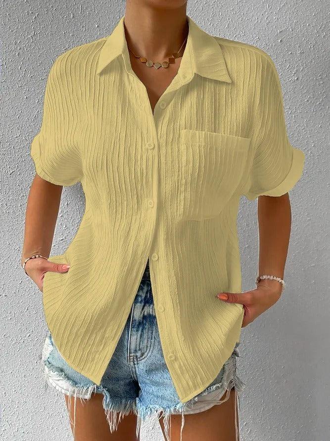 Shirt Collar Casual Buttoned Loose Blouse Yellow