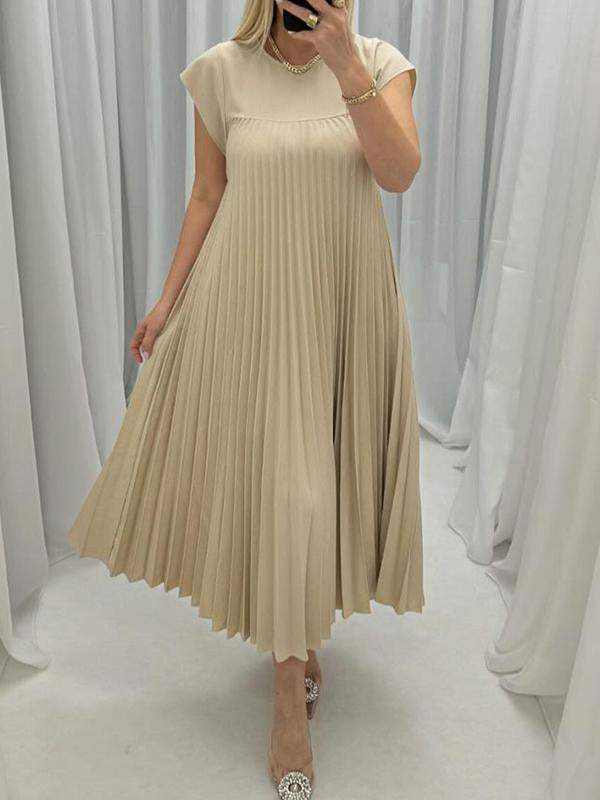 Round Neck Pleated Cap Sleeve Dress