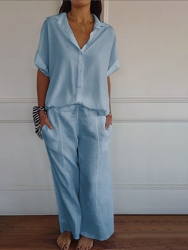 Women's Cotton and Linen Solid Color Two-piece Set blue