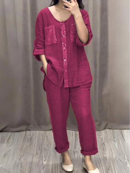 Cotton and Linen Sequined Round Neck Mid-sleeve Two-piece Suit rose red