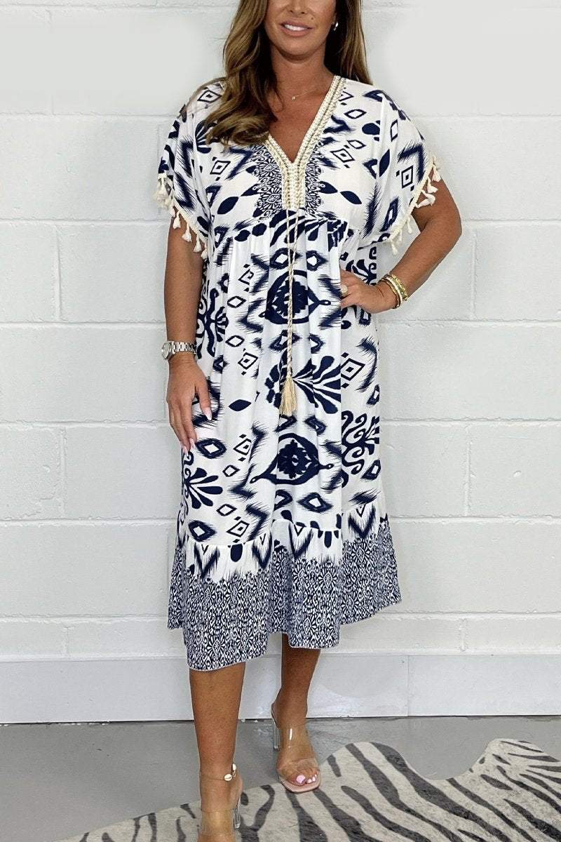 Aztec Print Tassel Dress Navy blue