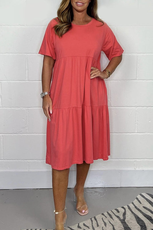 Cotton crew neck casual dress Red