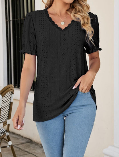 Women's hollow v-neck puff sleeve T-shirt Black