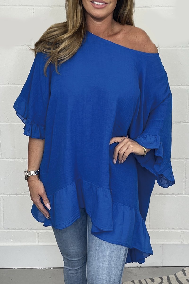 Solid color loose cotton and linen top Blue