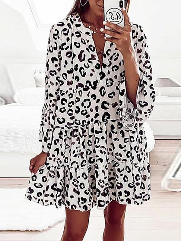 Printed long-sleeved loose V-neck patchwork dress White