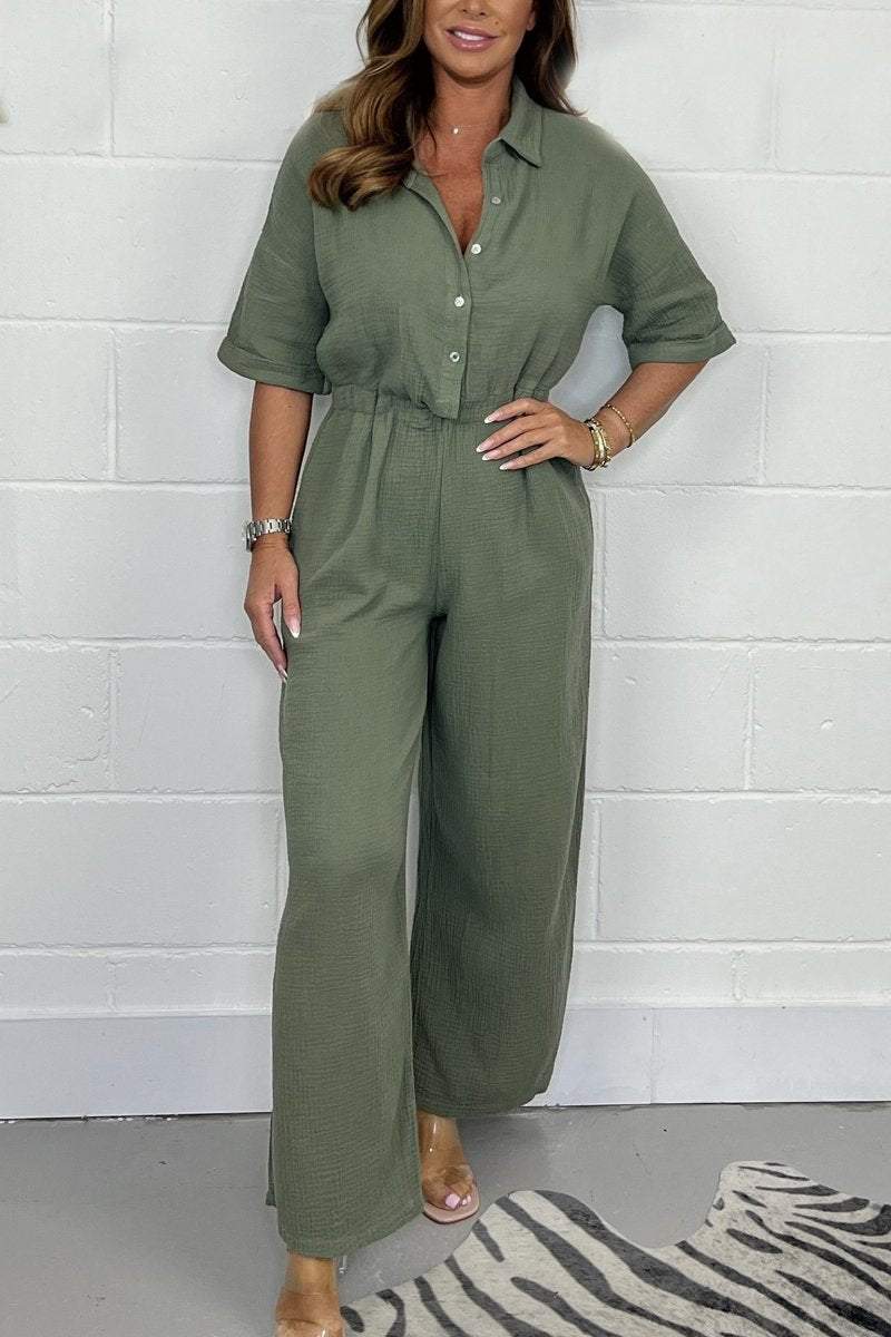 Casual elastic waist jumpsuit Green