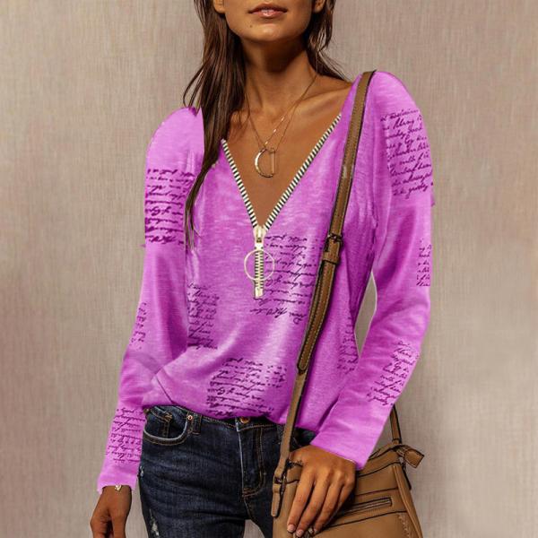 Zipper V-neck English printed long-sleeved casual top for women Pink