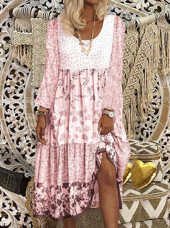 Floral Printed Long Sleeve Sweet Boho Dress Pink