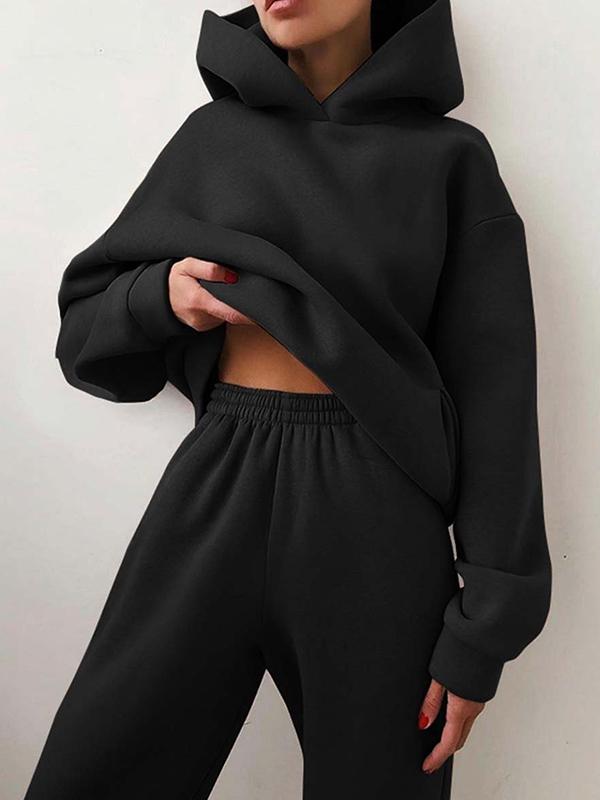 Casual fashion thickened long-sleeved sweatshirt and trousers two-piece set for women Black