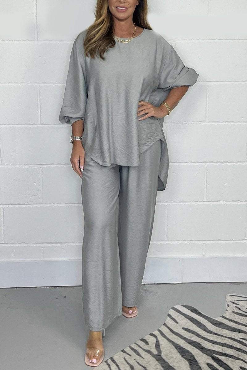 Satin crew neck casual suit Gray