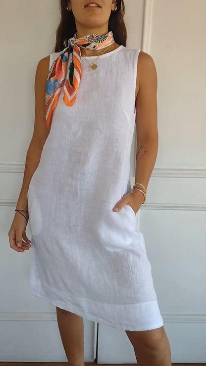 Cotton and linen solid color dress white