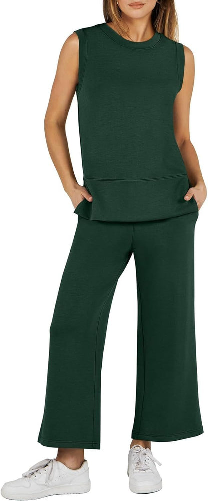 Casual Crew Neck Sleeveless Two Piece Suit dark green