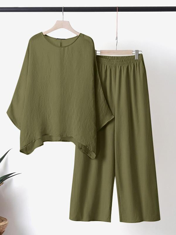 Women's Large Size Asymmetrical Long Sleeve Wide Leg Pants Cotton Linen Two-piece Set