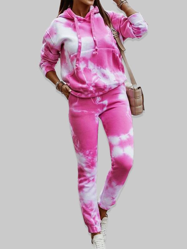 Tie-dye Loose Hooded Sweatshirt and Casual Pants Two-piece Set pink