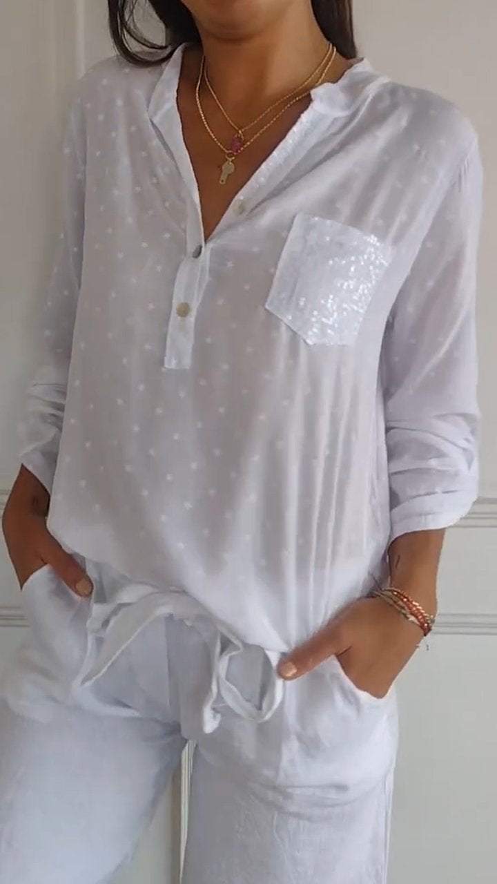 Lapel Long-sleeved Star Print Top White