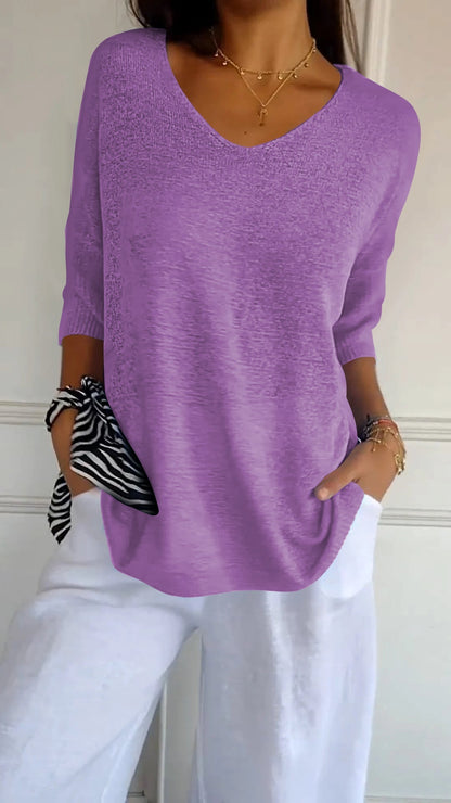 Solid Color Knitted V-neck Top purple