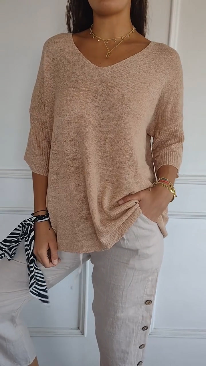 Solid Color Knitted V-neck Top apricot