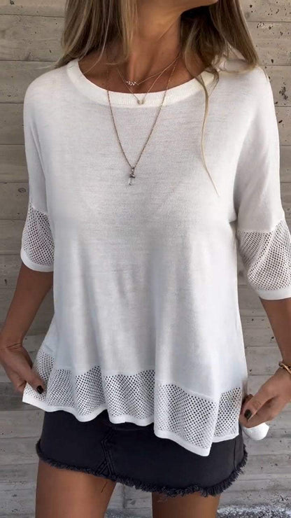 Casual Round Neck Hollow Sleeve Top white