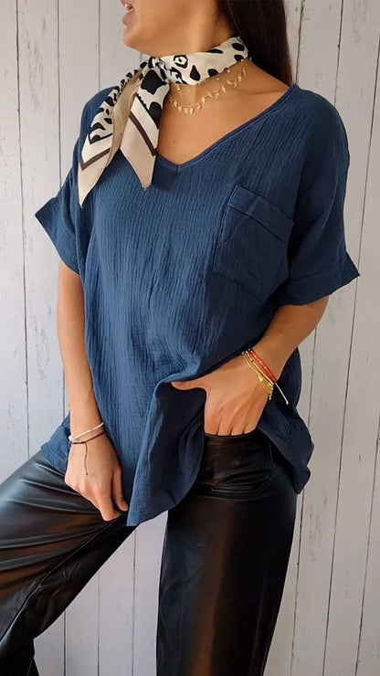 Solid Color V-neck Loose T-shirt