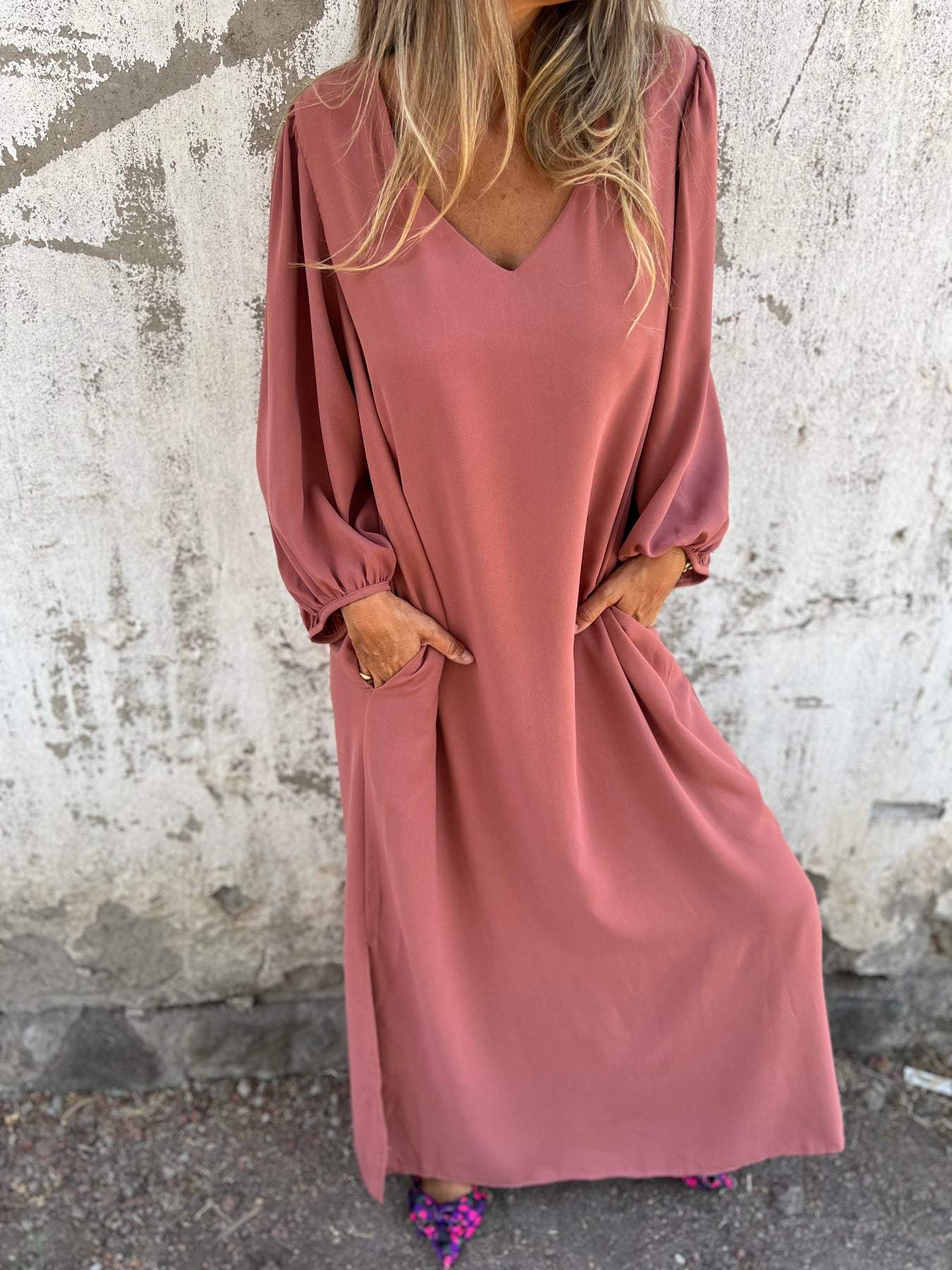 V-neck Long Dress pink