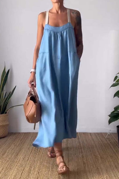 Casual loose suspender dress Blue