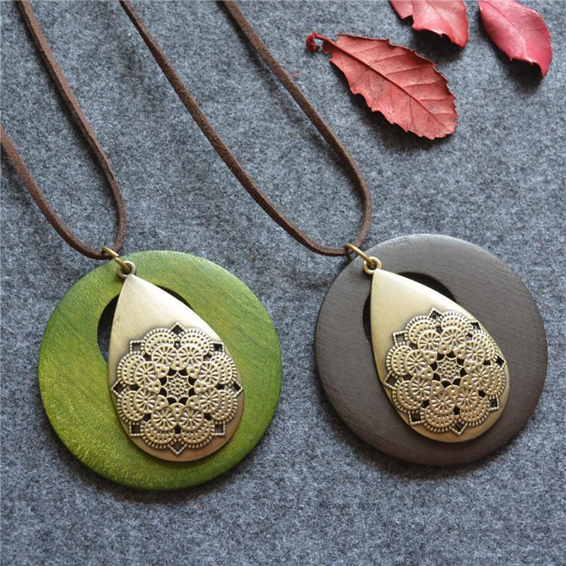 Large Round Wooden Drop Long Necklace