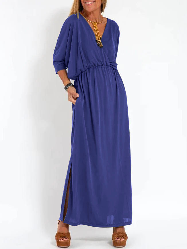 Women's Casual Solid Color V Neck Slit Dress Navy blue