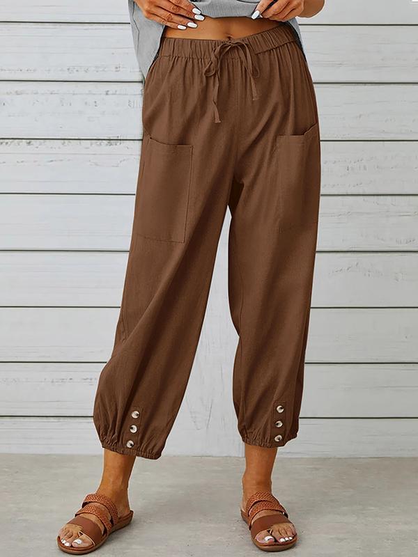 Women's pants High-waisted buttoned cotton hemp pants nine-point pants wide-legged Brown