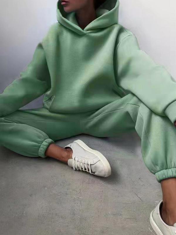 Casual fashion thickened long-sleeved sweatshirt and trousers two-piece set for women Green