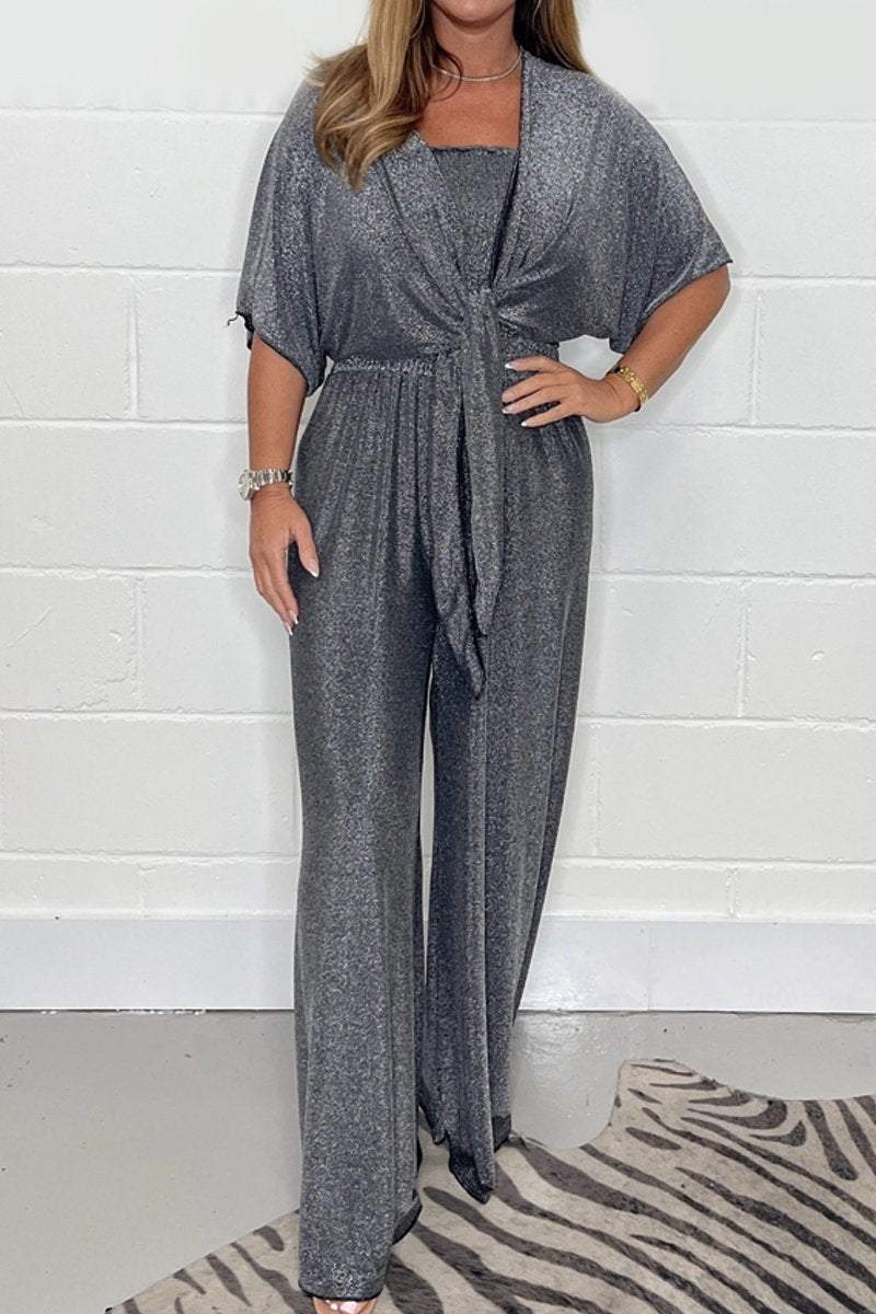 Mercerized lace-up jumpsuit set Gray