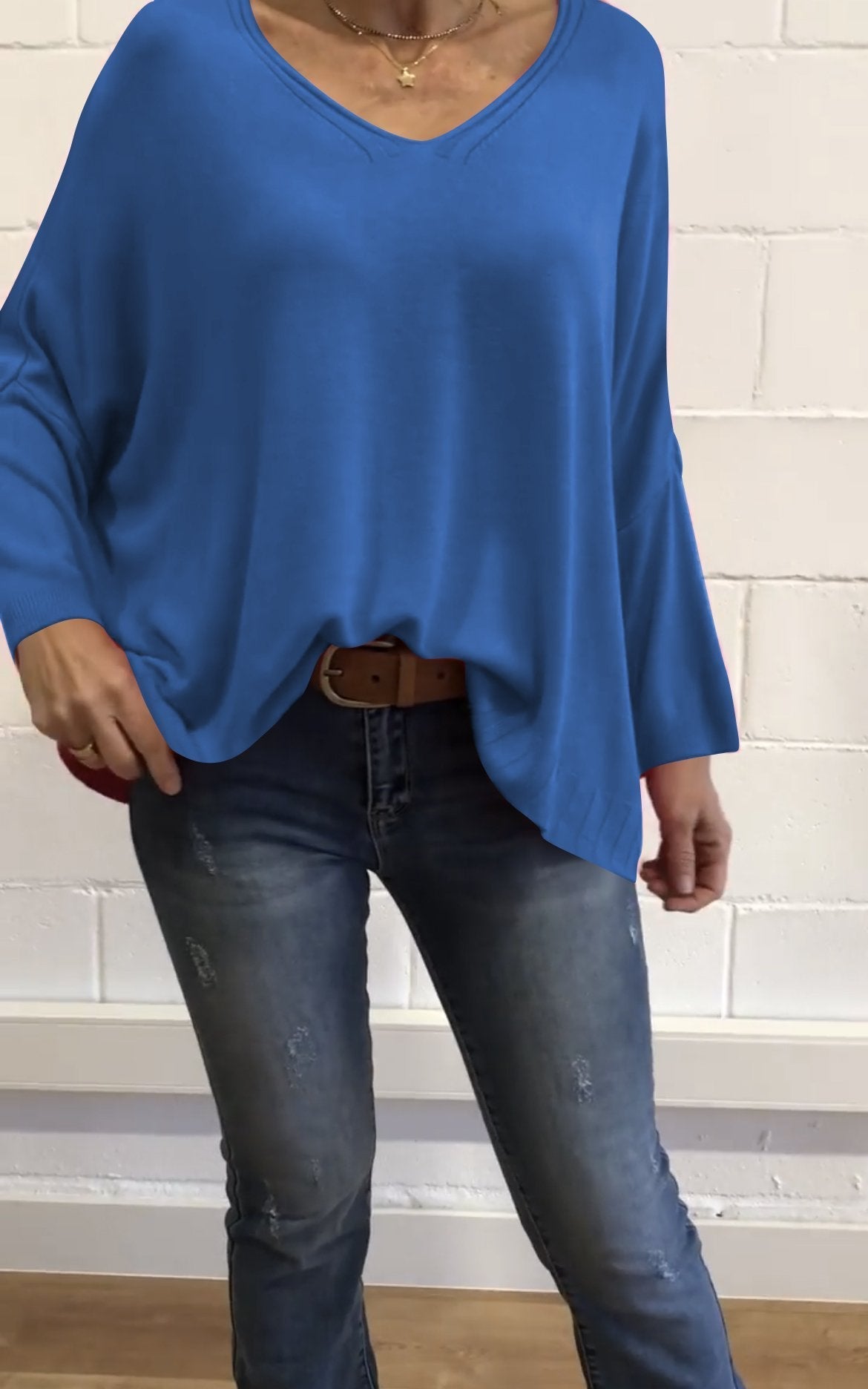 Women's Casual Solid Color Batwing Sleeve Knit Tops Blue