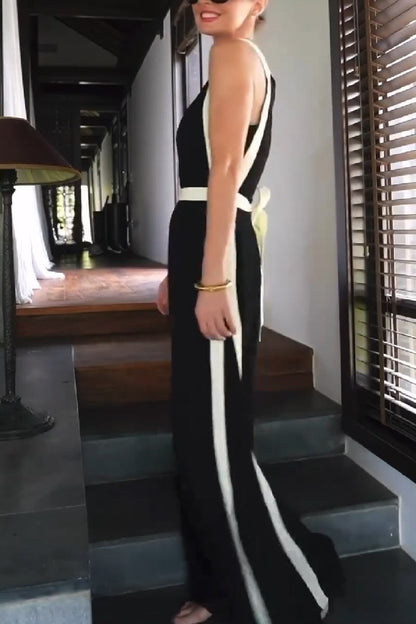 Women's Casual Black and White Patchwork Waist Jumpsuit