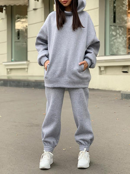 Solid Color Hooded Sweatshirt Casual Two Piece Set gray