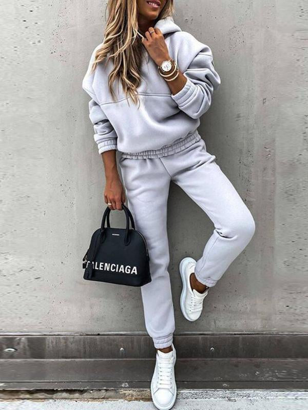 Women's Casual Solid Color Hoodie Hooded Fashion Long-sleeved Pants Suit Grey