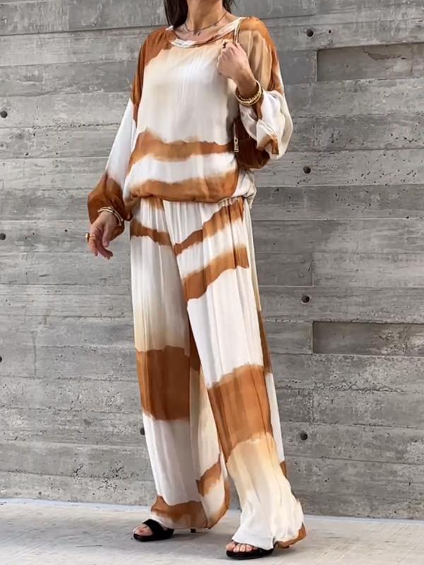 Casual chiffon contrasting corrugated round neck top + pants two-piece set Brown