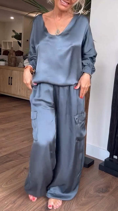 Satin V-neck Top + Satin Trousers Two-piece Set