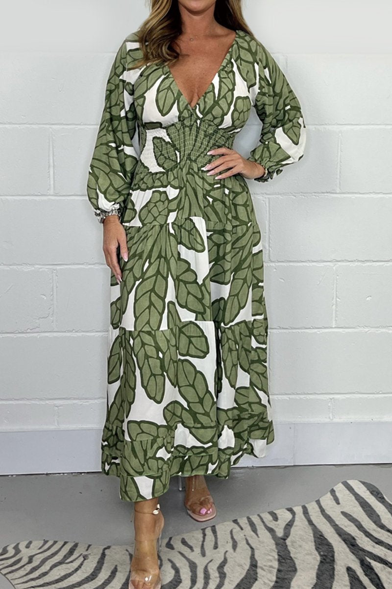 V-neck printed dress Army green