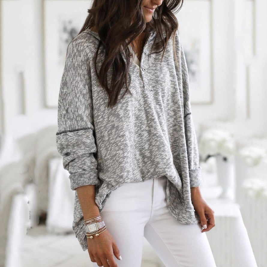 Long Sleeve V Neck Button Pullover Light grey