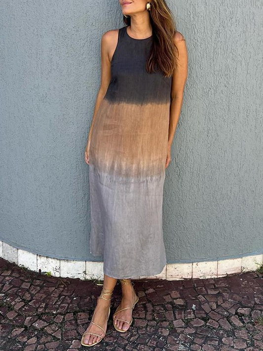 Casual cotton and linen slit gradient tie-dye long dress Gray