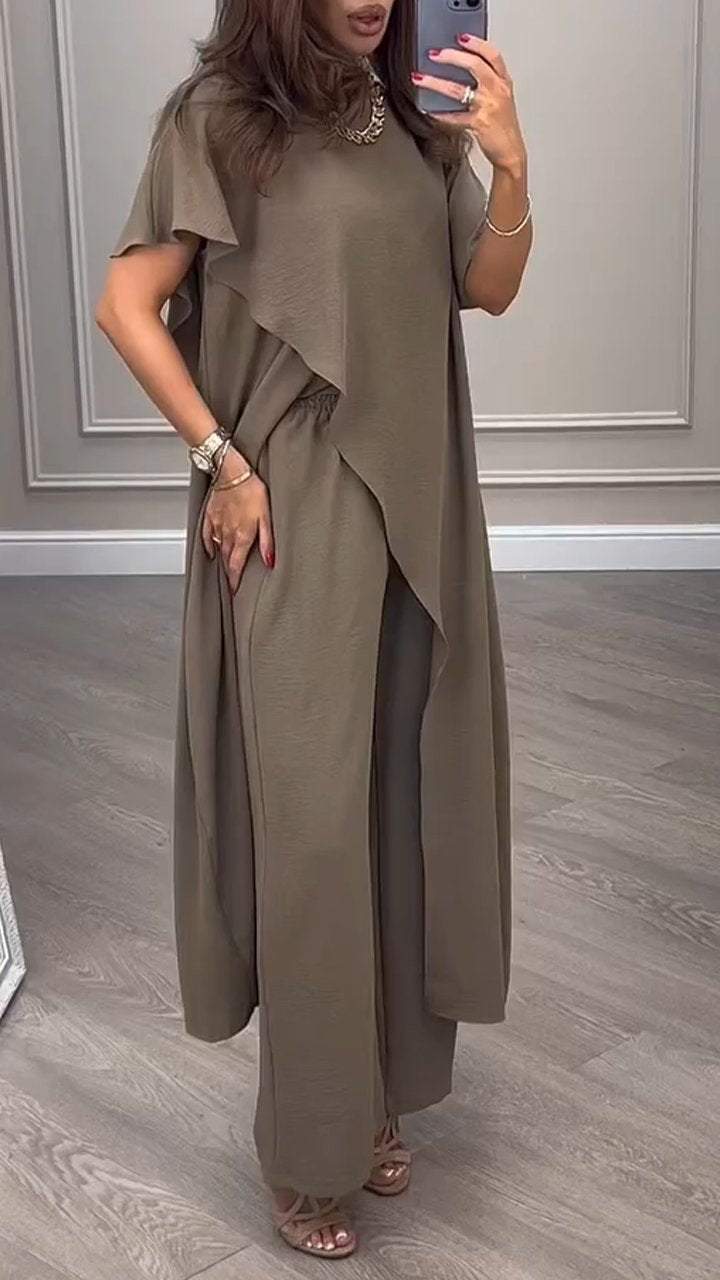 Round Neck Slit Long Top + Wide Leg Pants Two-piece Suit