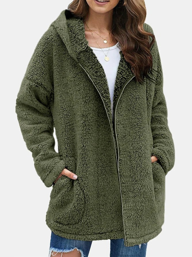 Women Autumn Winter Causal Daily Plush Fleece Zipper Long Sleeve Teddy Coat Green