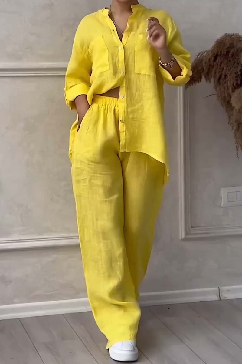 Casual solid color cotton and linen pants two-piece set Yellow