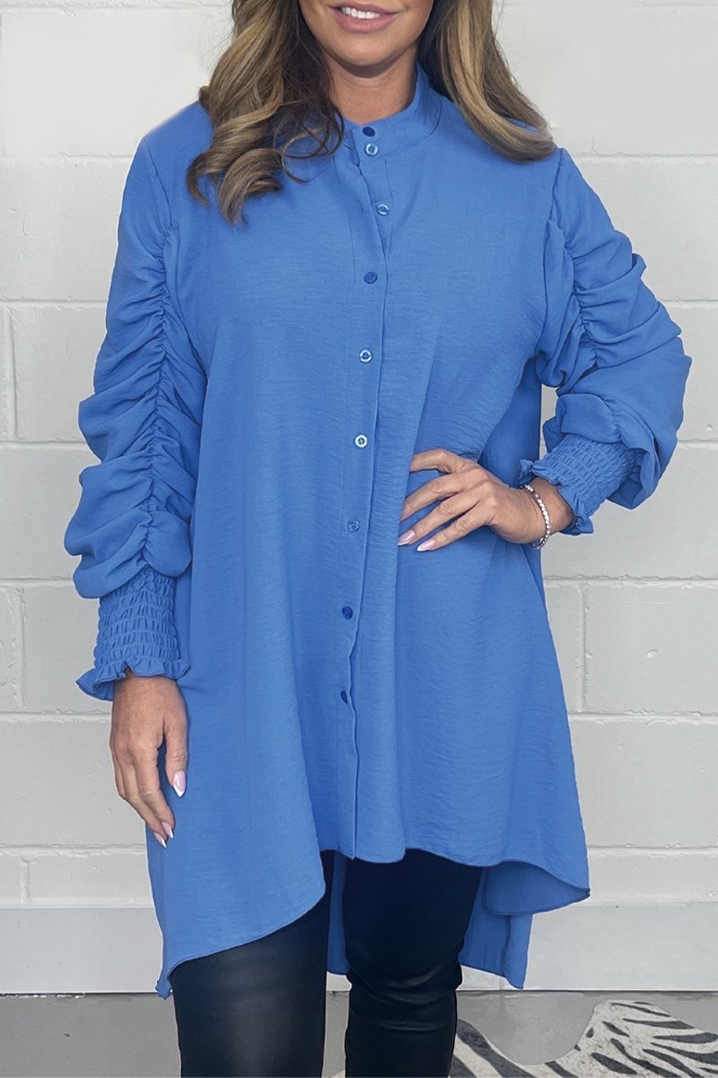 Casual solid color smocked top Blue