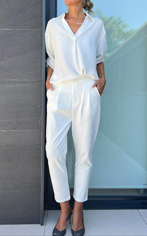 Casual V-neck Mid-sleeve Two-piece Suit white