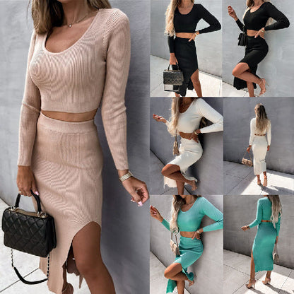 Solid color thread long sleeve fashion sexy split dress two-piece suit