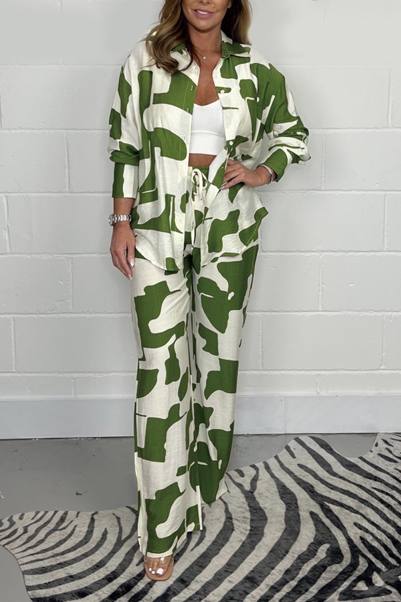 Casual satin print suit Green