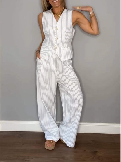 Casual V-neck Striped Two-piece Suit